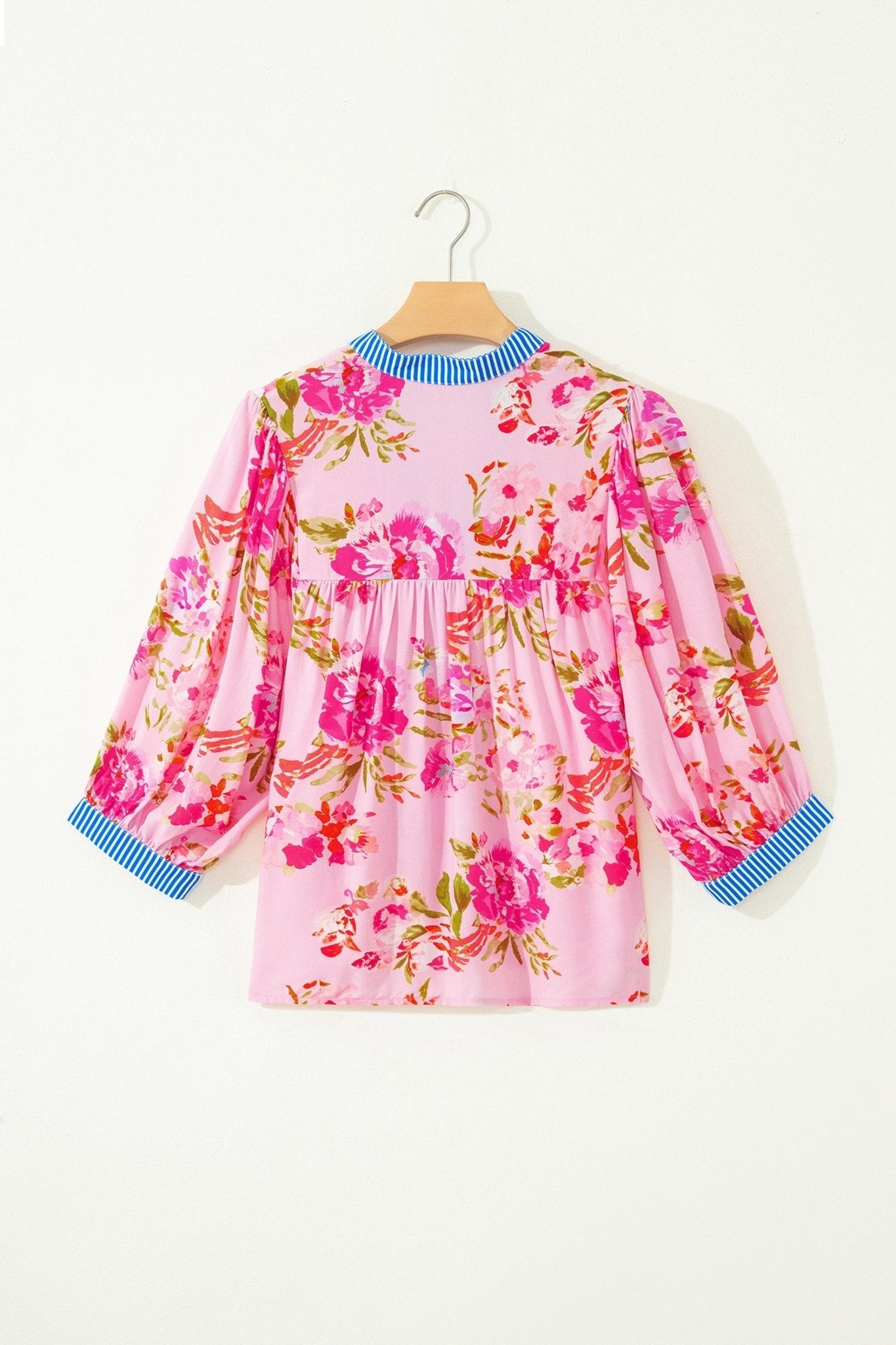 Floral 3/4 Sleeve Stripe Trim V-Neck Blouse - Rooted & Reckless Co.