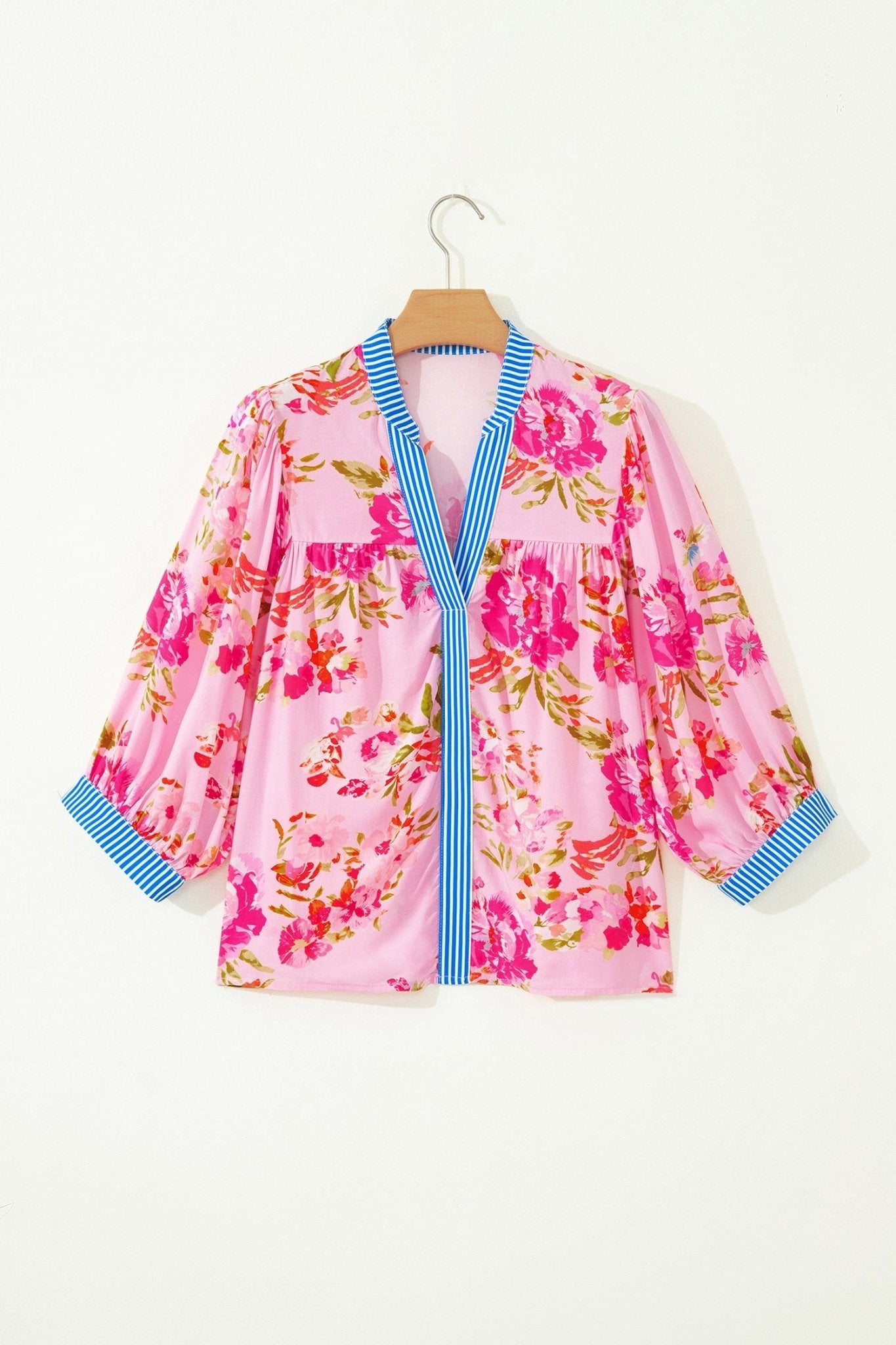 Floral 3/4 Sleeve Stripe Trim V-Neck Blouse - Rooted & Reckless Co.