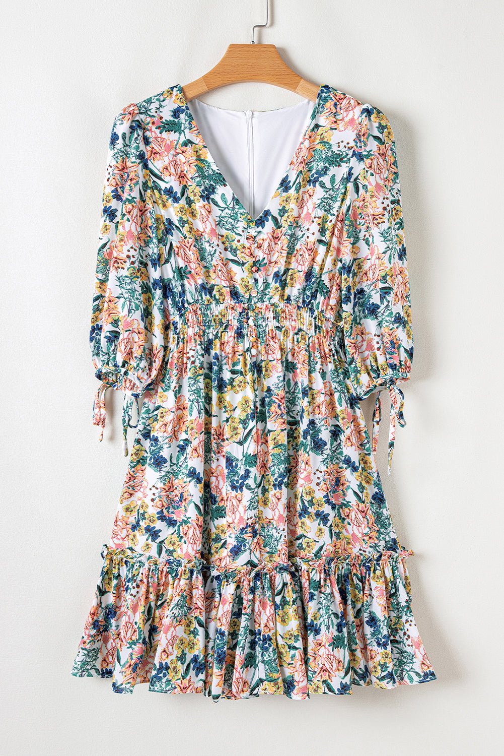 Floral 3/4 Sleeve V-Neck High Waist Ruffle Dress - Rooted & Reckless Co.