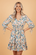 Floral 3/4 Sleeve V-Neck High Waist Ruffle Dress - Rooted & Reckless Co.