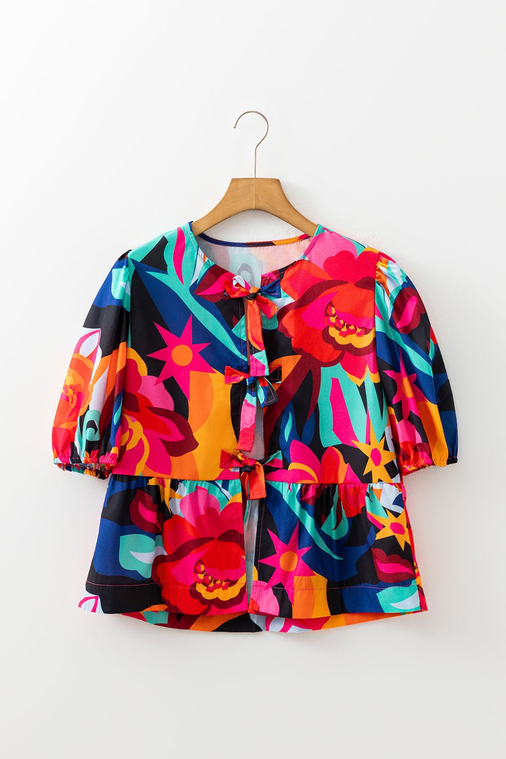 Floral Abstract Front Tie Puff Sleeve Blouse - Rooted & Reckless Co.