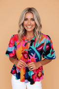 Floral Abstract Front Tie Puff Sleeve Blouse - Rooted & Reckless Co.