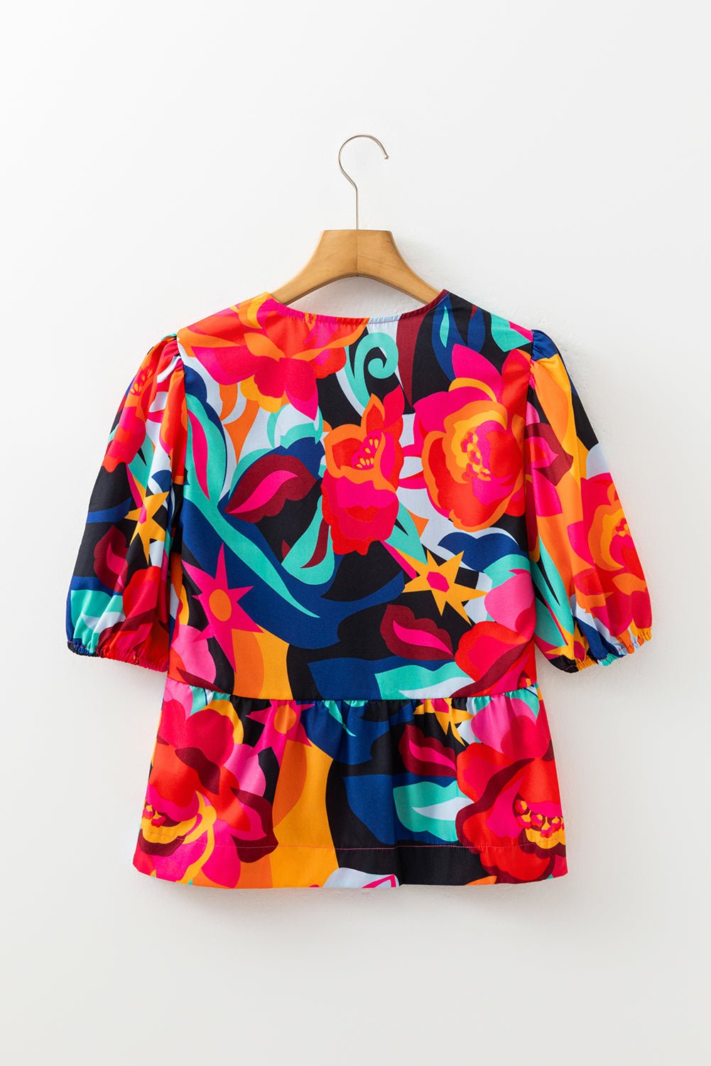 Floral Abstract Front Tie Puff Sleeve Blouse - Rooted & Reckless Co.