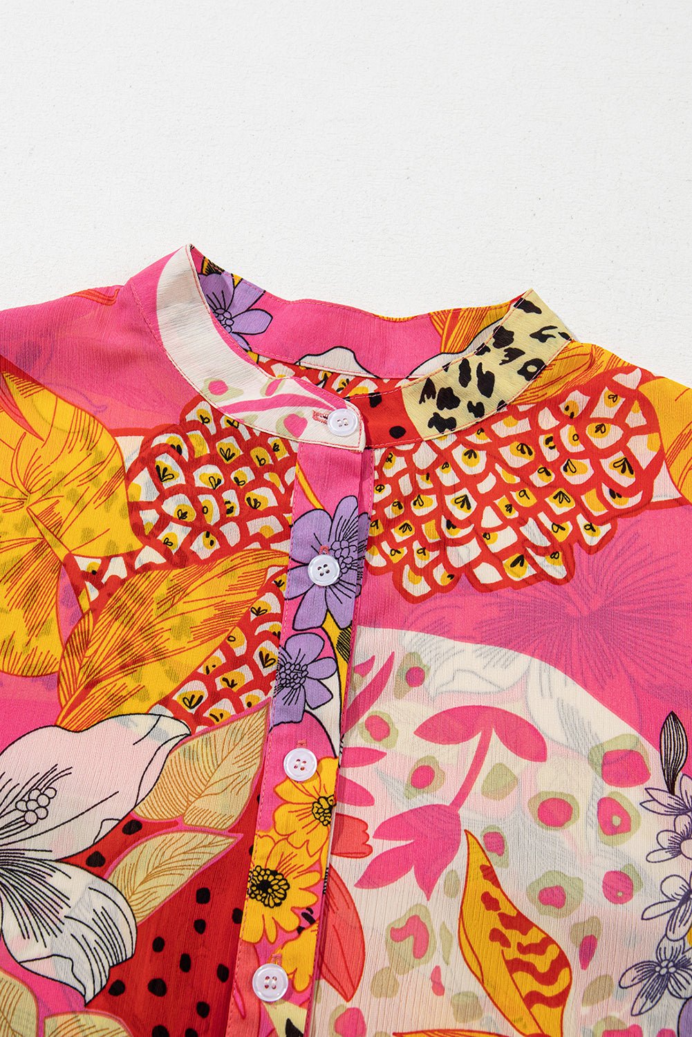 Floral Abstract Leopard Buttoned Ruffle Bubble Sleeve Shirt - Rooted & Reckless Co.