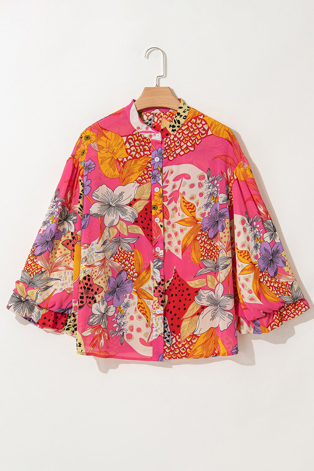 Floral Abstract Leopard Buttoned Ruffle Bubble Sleeve Shirt - Rooted & Reckless Co.