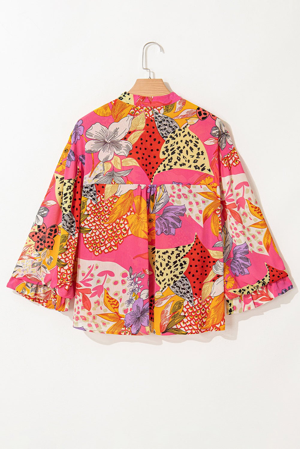 Floral Abstract Leopard Buttoned Ruffle Bubble Sleeve Shirt - Rooted & Reckless Co.