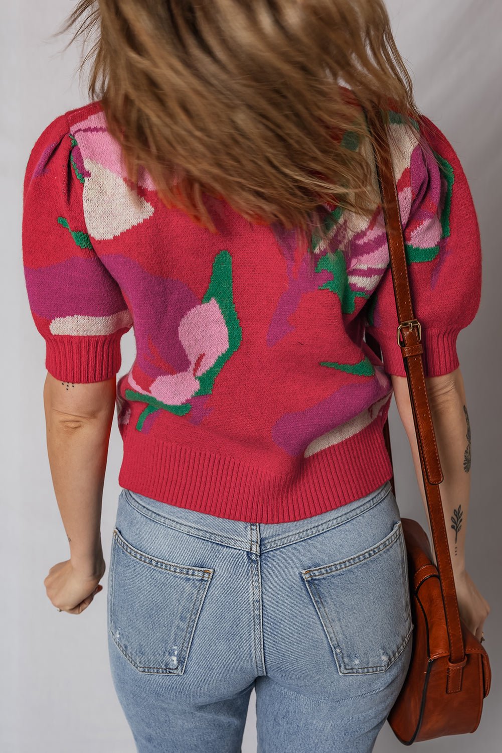 Floral Abstract Short Puff Sleeve Sweater - Rooted & Reckless Co.
