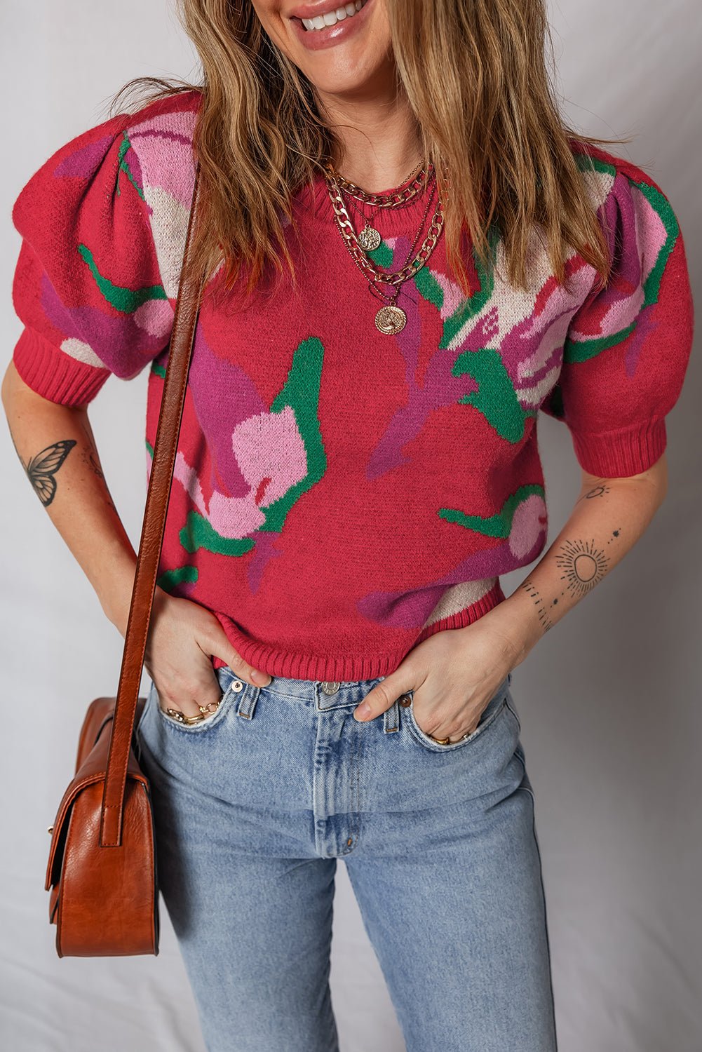 Floral Abstract Short Puff Sleeve Sweater - Rooted & Reckless Co.