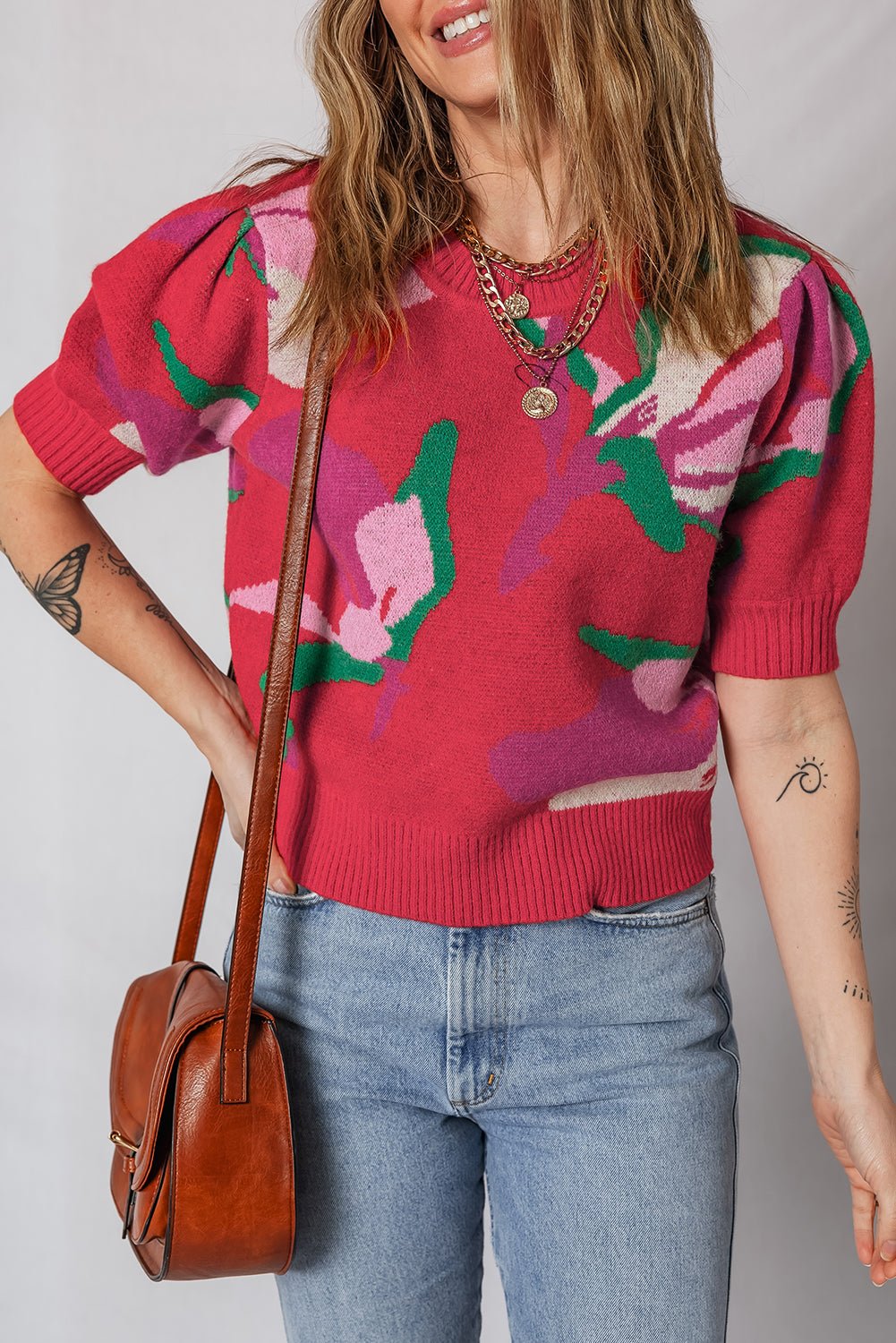 Floral Abstract Short Puff Sleeve Sweater - Rooted & Reckless Co.