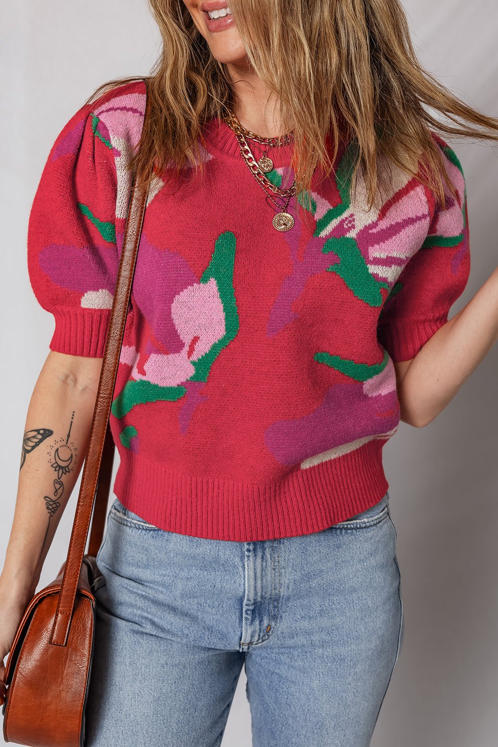 Floral Abstract Short Puff Sleeve Sweater - Rooted & Reckless Co.