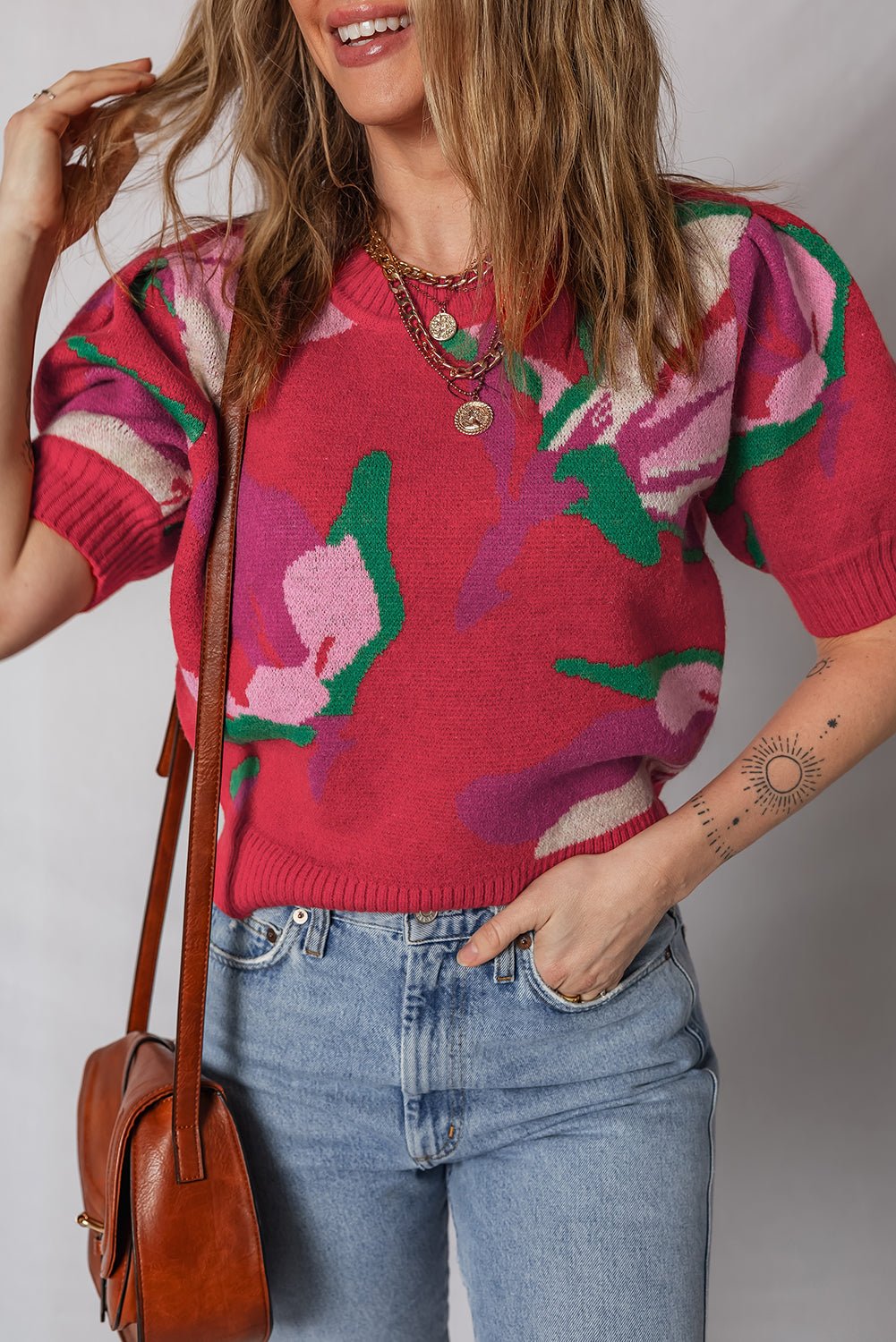 Floral Abstract Short Puff Sleeve Sweater - Rooted & Reckless Co.