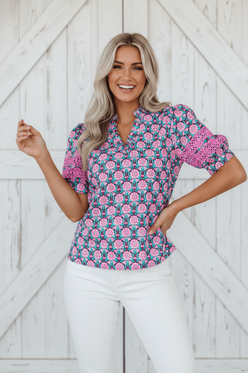Floral Abstract V-Neck Ruffle Puff Sleeve Top - Rooted & Reckless Co.