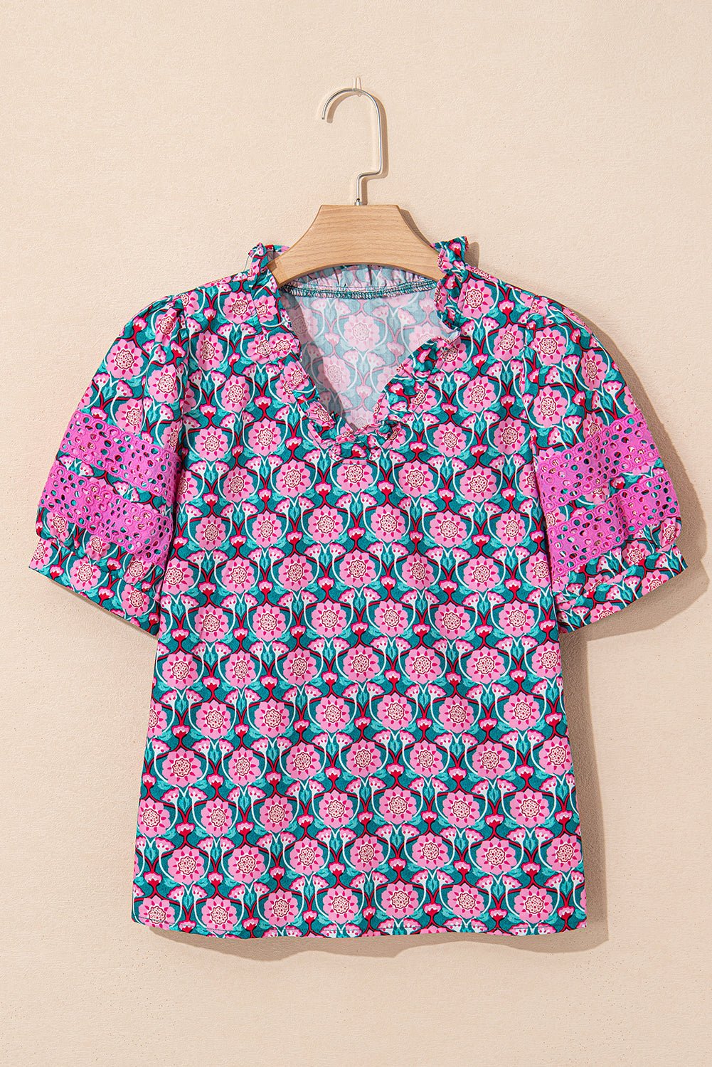 Floral Abstract V-Neck Ruffle Puff Sleeve Top - Rooted & Reckless Co.