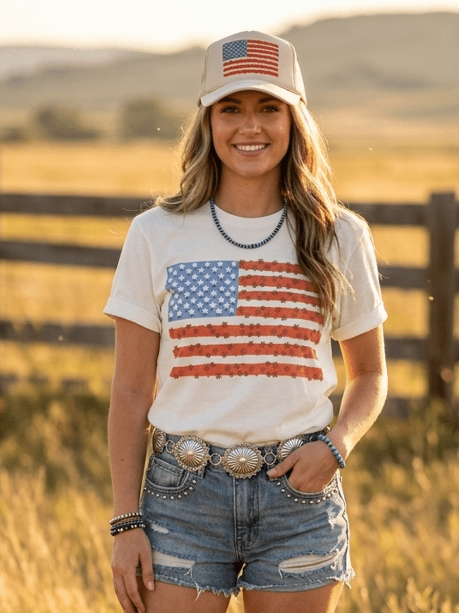 Floral American Flag Graphic Tee - Rooted & Reckless Co.