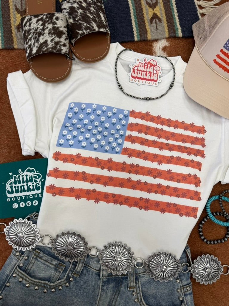 Floral American Flag Graphic Tee - Rooted & Reckless Co.
