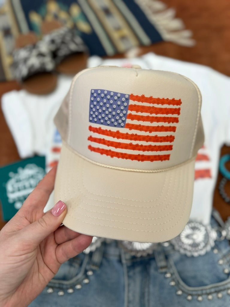 Floral American Flag Trucker Hat - Rooted & Reckless Co.