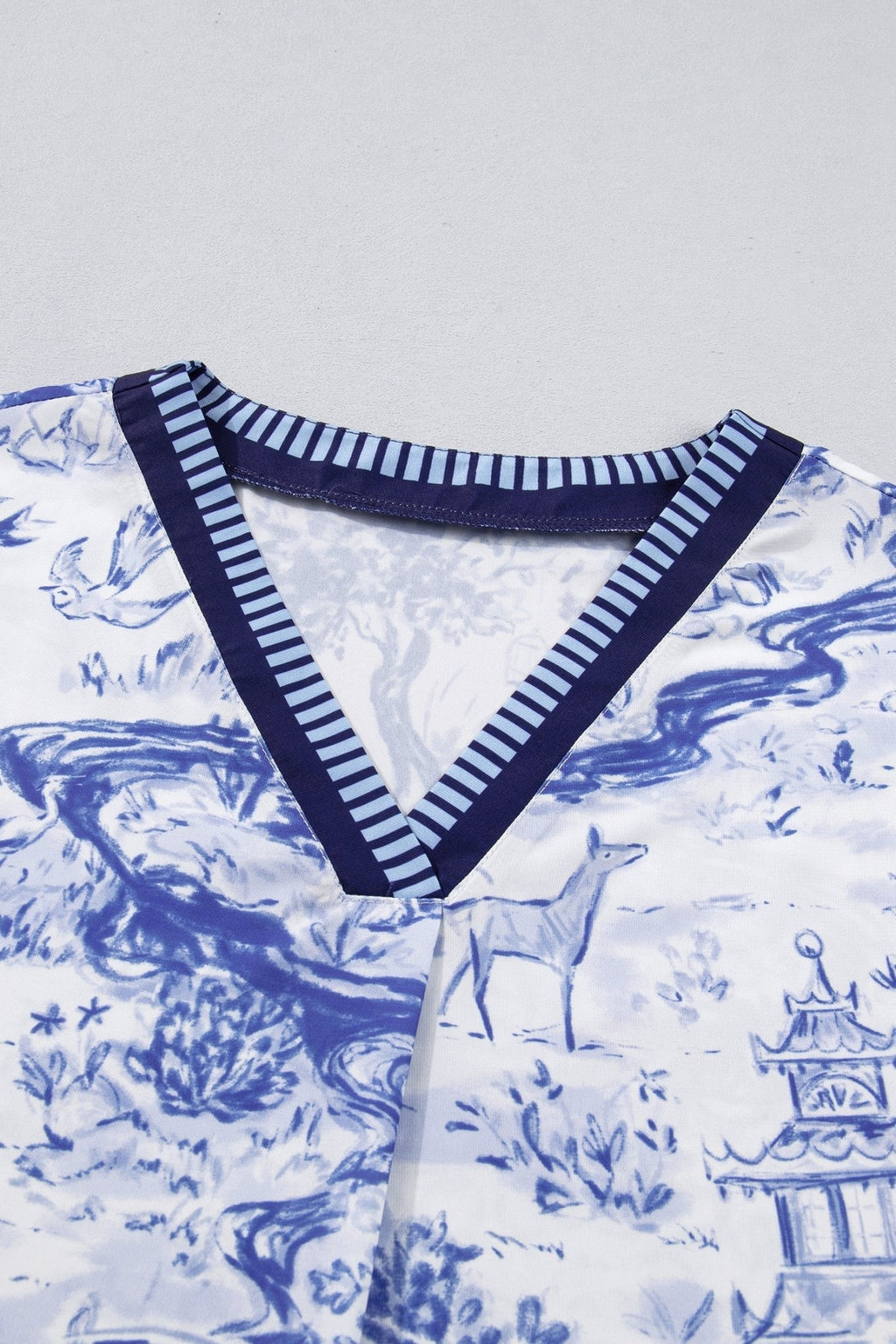 Floral Animal Stripe Trim V-Neck Short Sleeve Blouse - Rooted & Reckless Co.