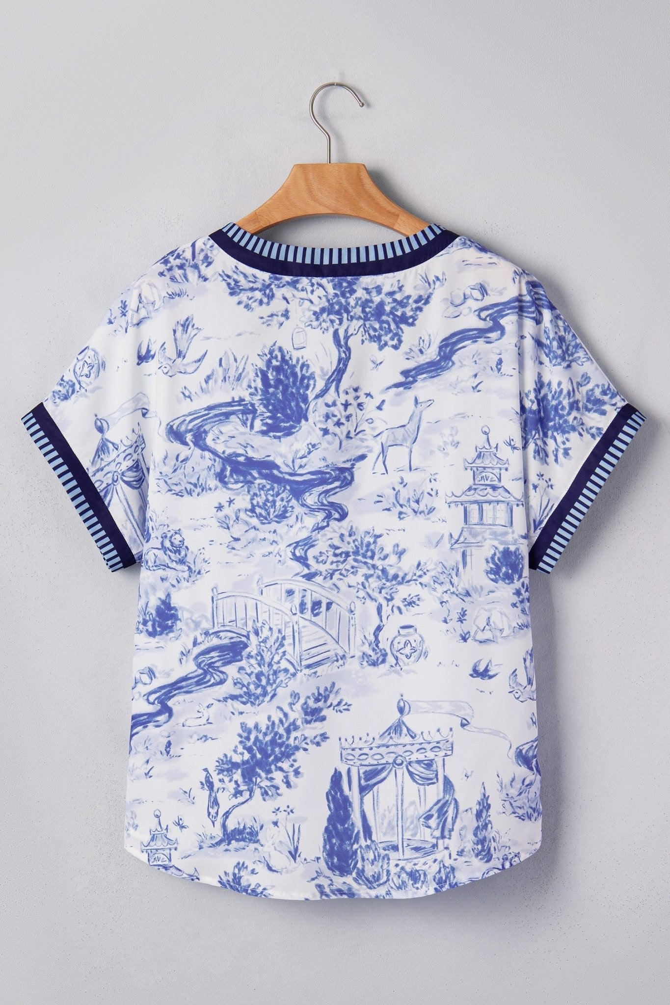 Floral Animal Stripe Trim V-Neck Short Sleeve Blouse - Rooted & Reckless Co.