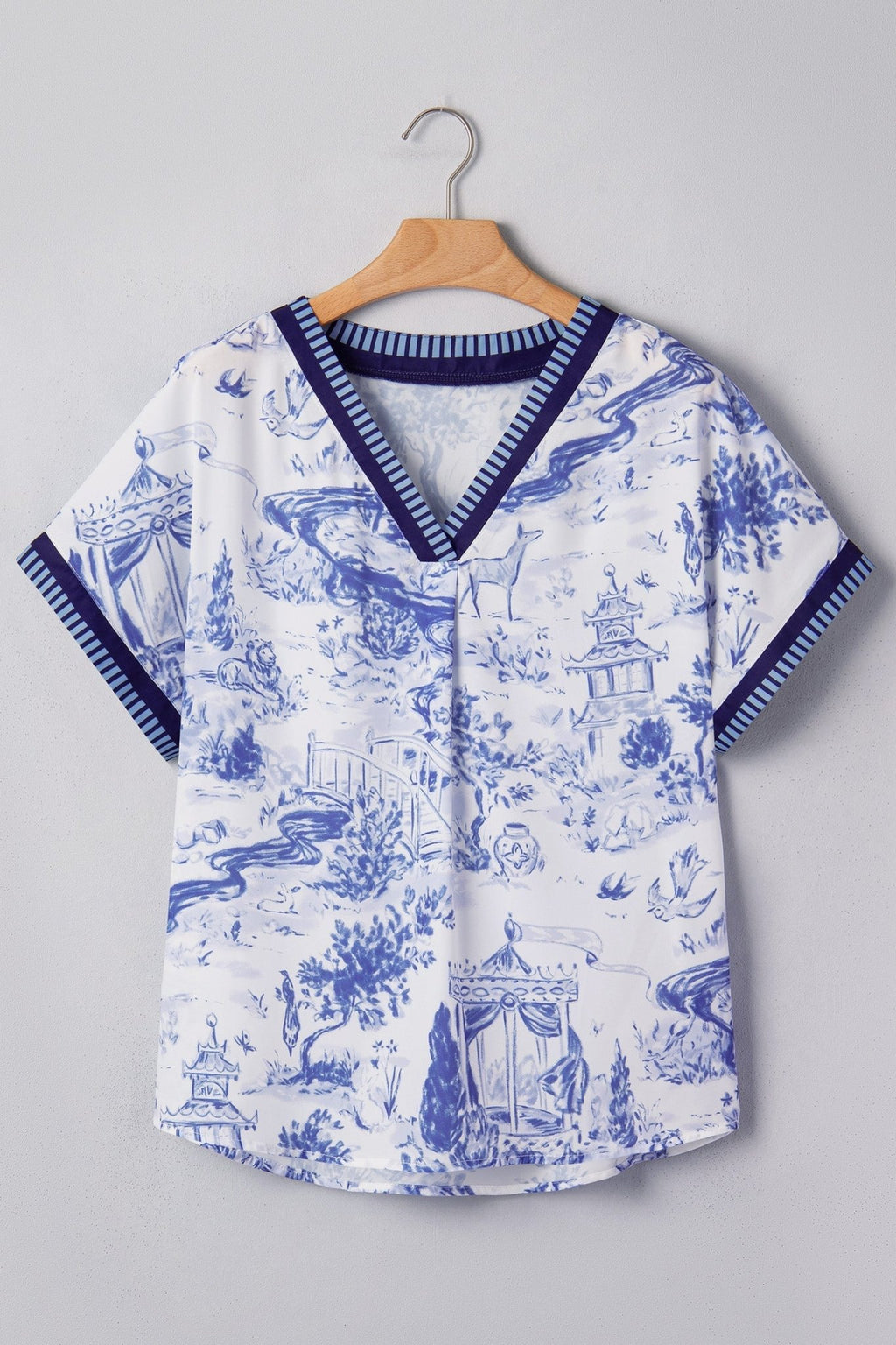 Floral Animal Stripe Trim V-Neck Short Sleeve Blouse - Rooted & Reckless Co.
