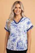 Floral Animal Stripe Trim V-Neck Short Sleeve Blouse - Rooted & Reckless Co.