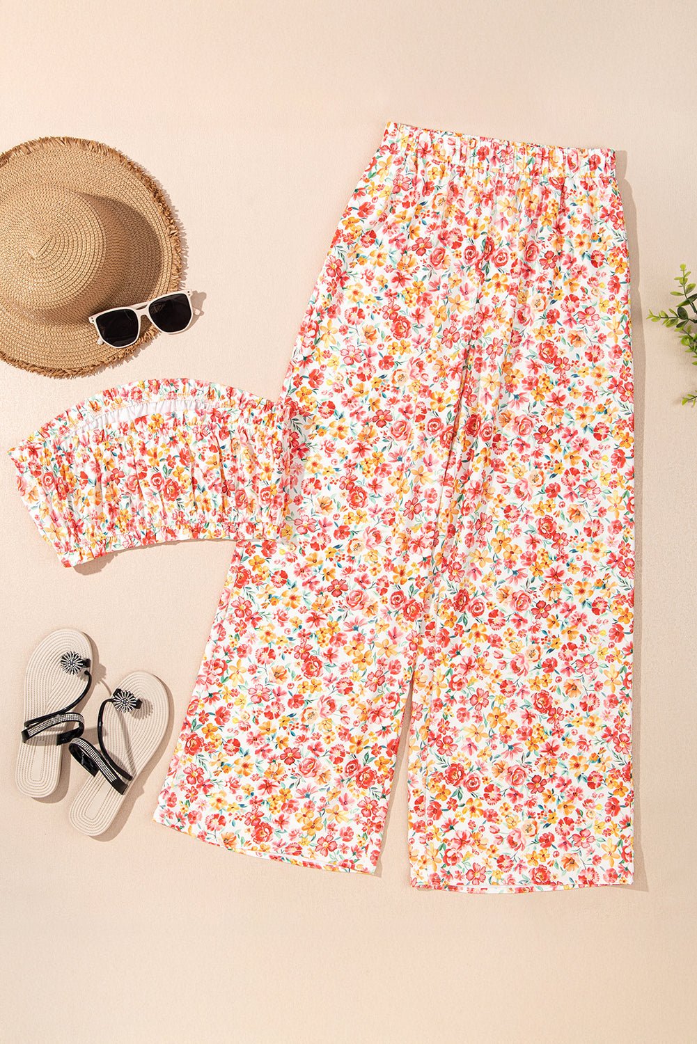 Floral Bandeau Top and Wide Leg Pants Set - Rooted & Reckless Co.