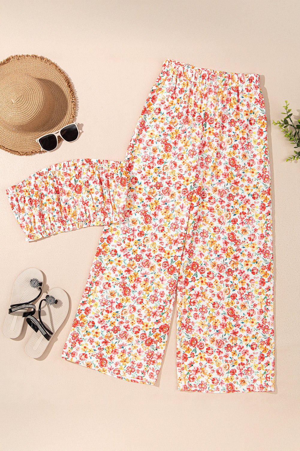 Floral Bandeau Top and Wide Leg Pants Set - Rooted & Reckless Co.