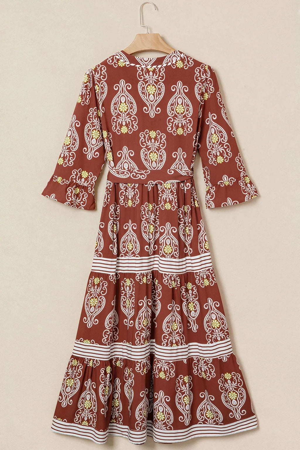 Floral Boho Belted Stripe Trim Tiered Maxi Dress - Rooted & Reckless Co.