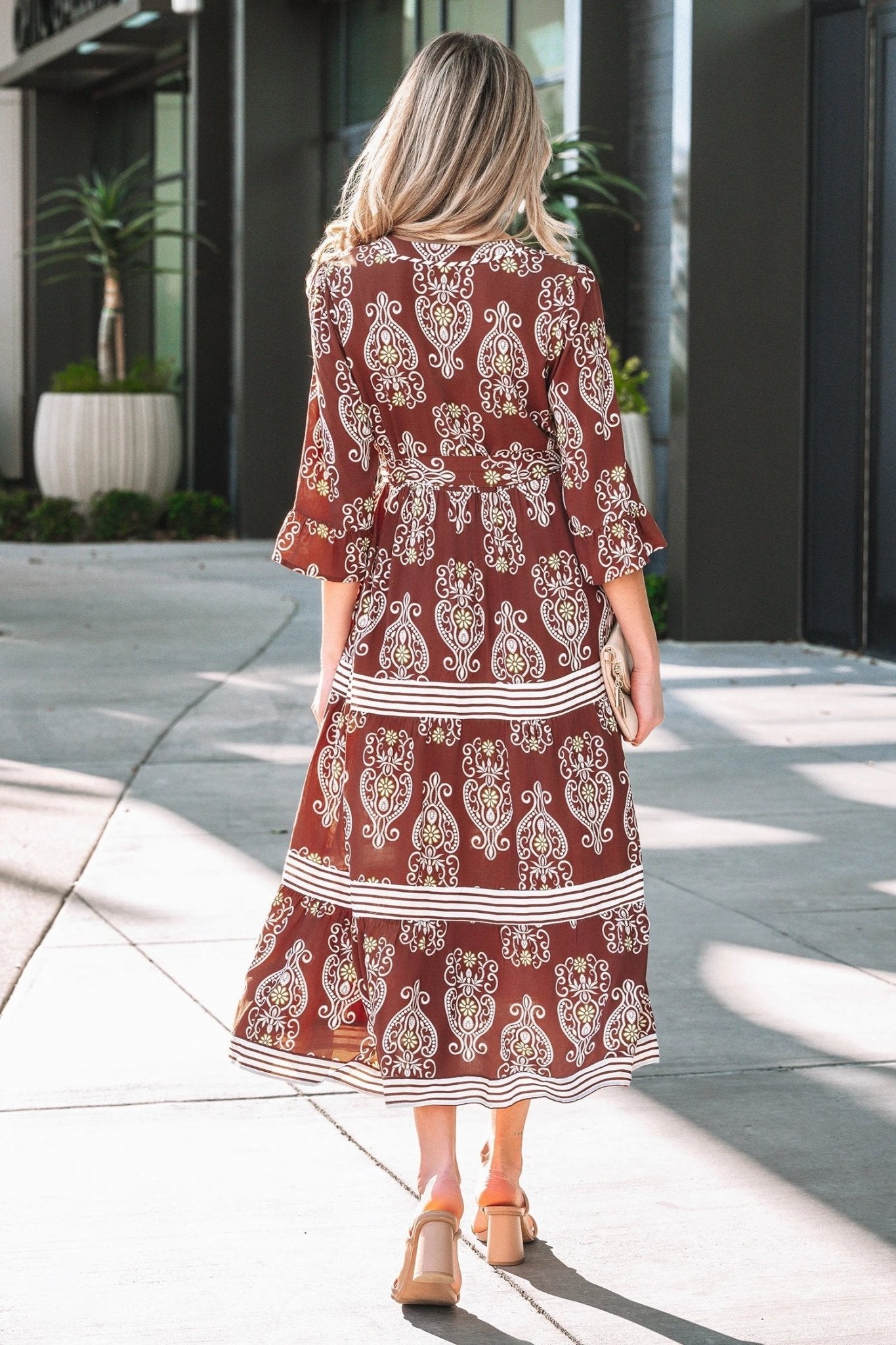 Floral Boho Belted Stripe Trim Tiered Maxi Dress - Rooted & Reckless Co.