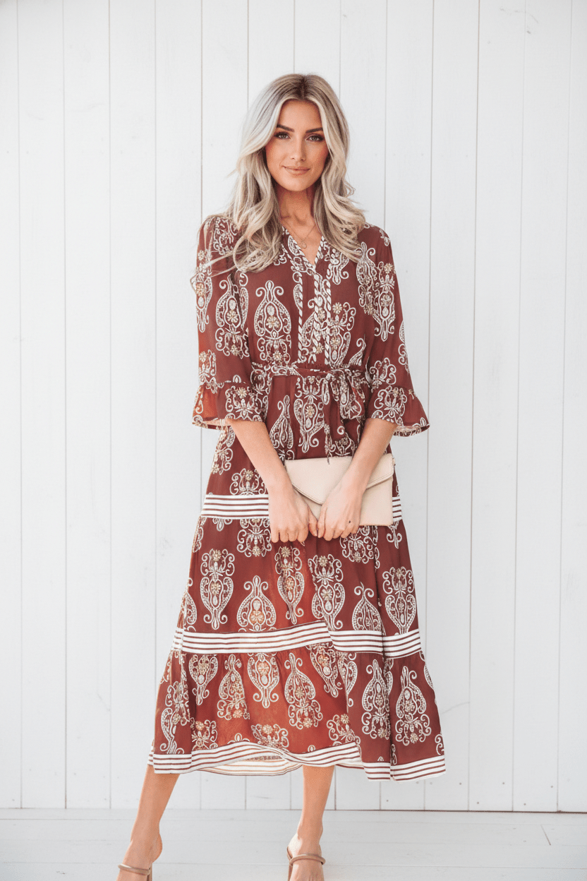 Floral Boho Belted Stripe Trim Tiered Maxi Dress - Rooted & Reckless Co.