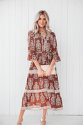 Floral Boho Belted Stripe Trim Tiered Maxi Dress - Rooted & Reckless Co.