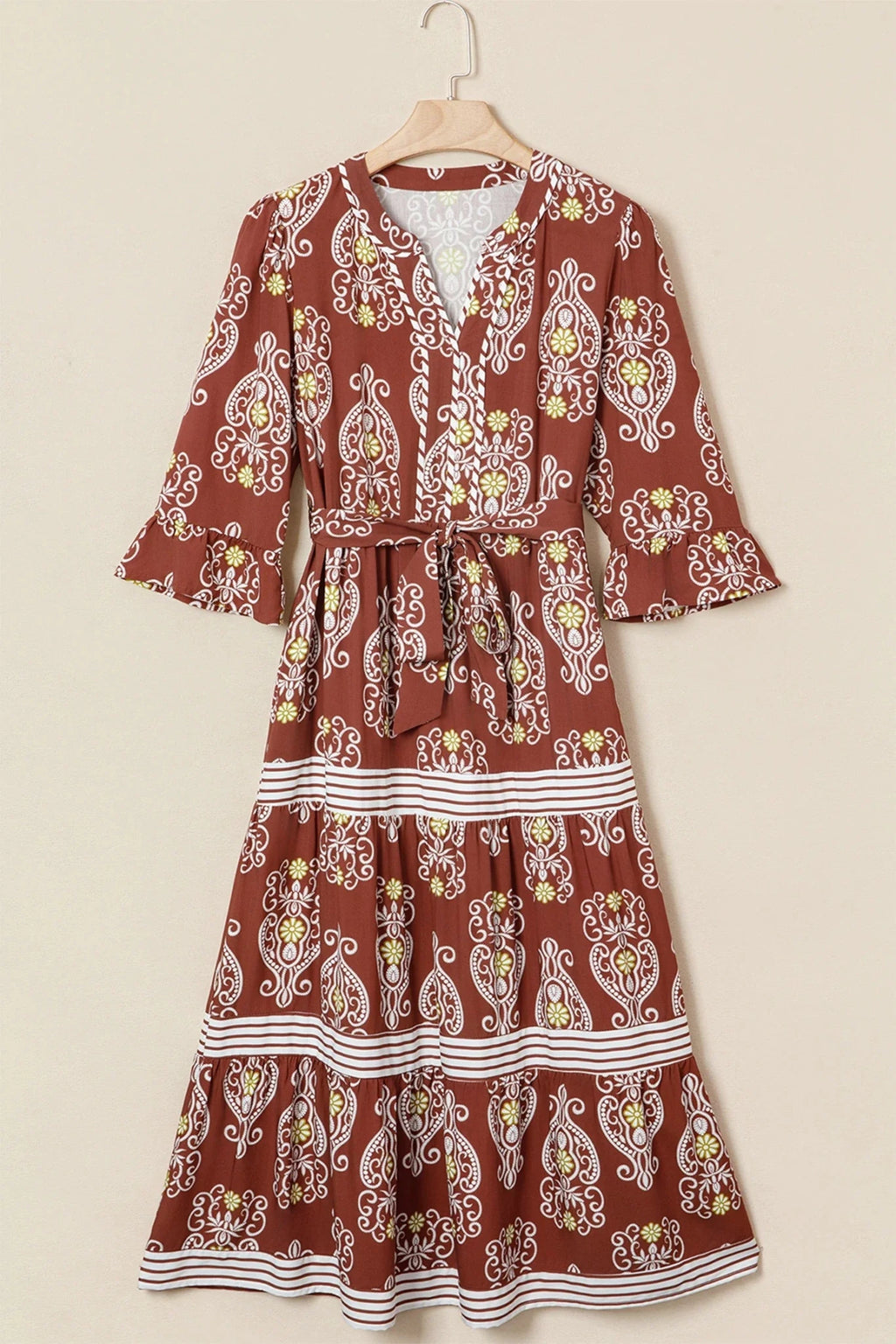 Floral Boho Belted Stripe Trim Tiered Maxi Dress - Rooted & Reckless Co.