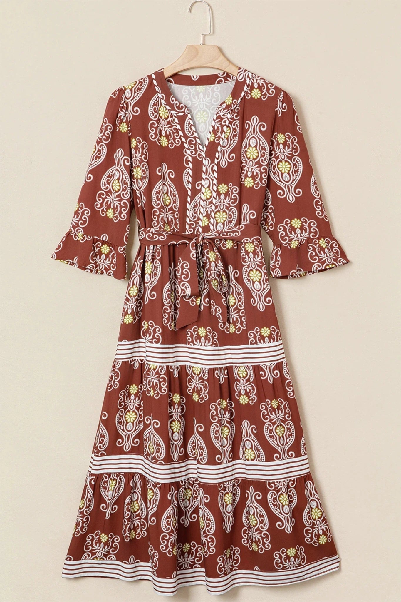Floral Boho Belted Stripe Trim Tiered Maxi Dress - Rooted & Reckless Co.
