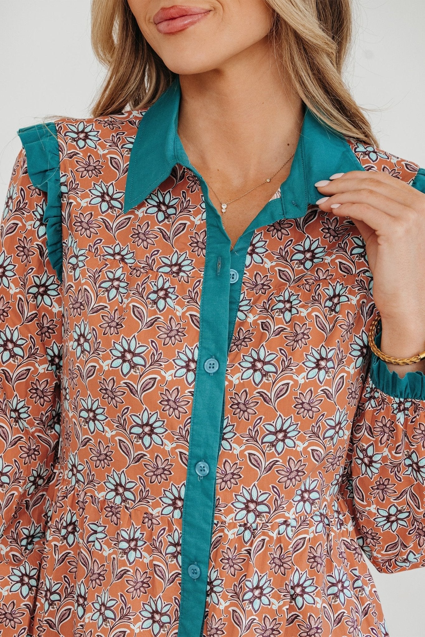 Floral Boho Contrast Collar Mini Shirt Dress - Rooted & Reckless Co.