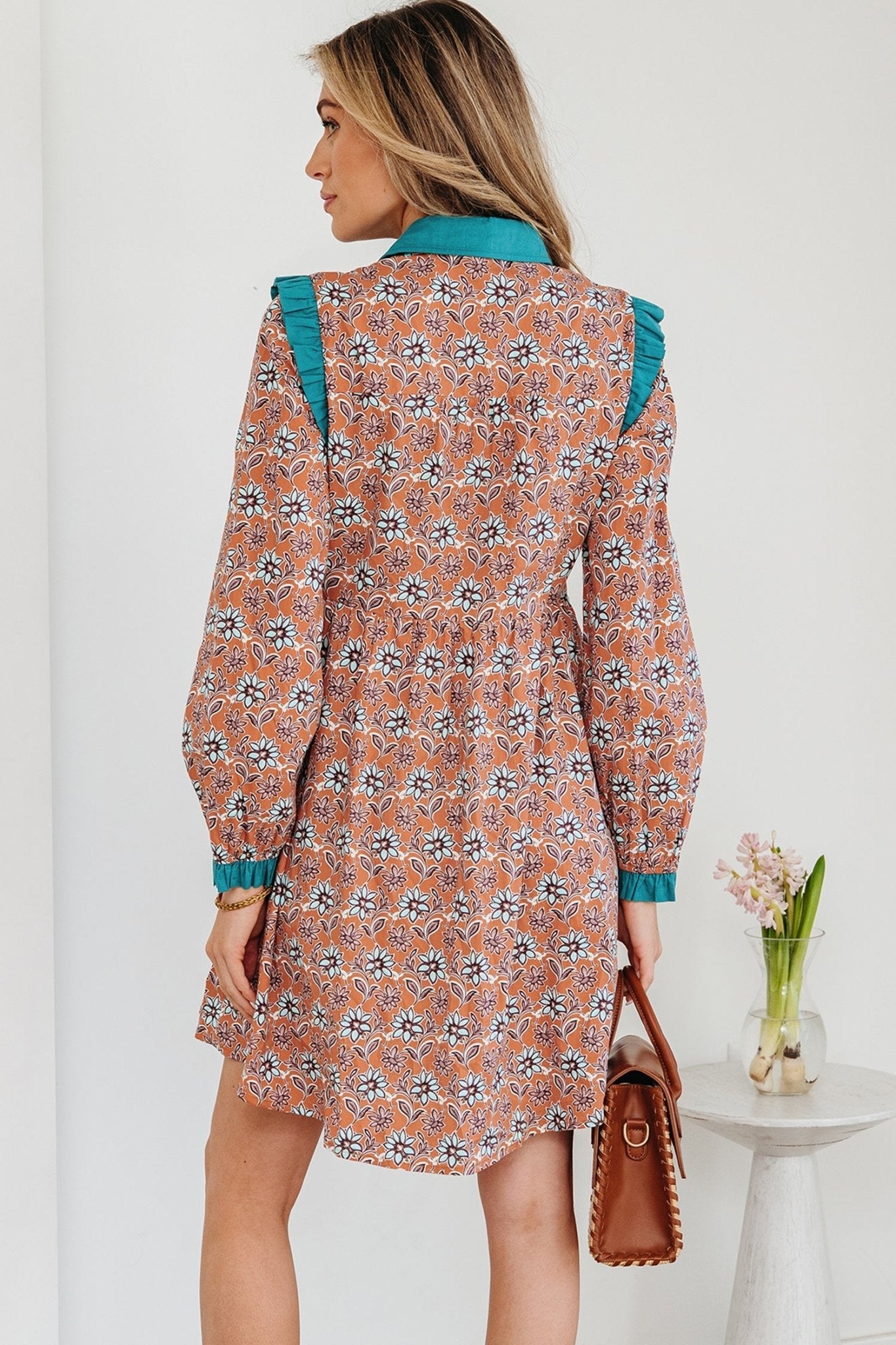 Floral Boho Contrast Collar Mini Shirt Dress - Rooted & Reckless Co.