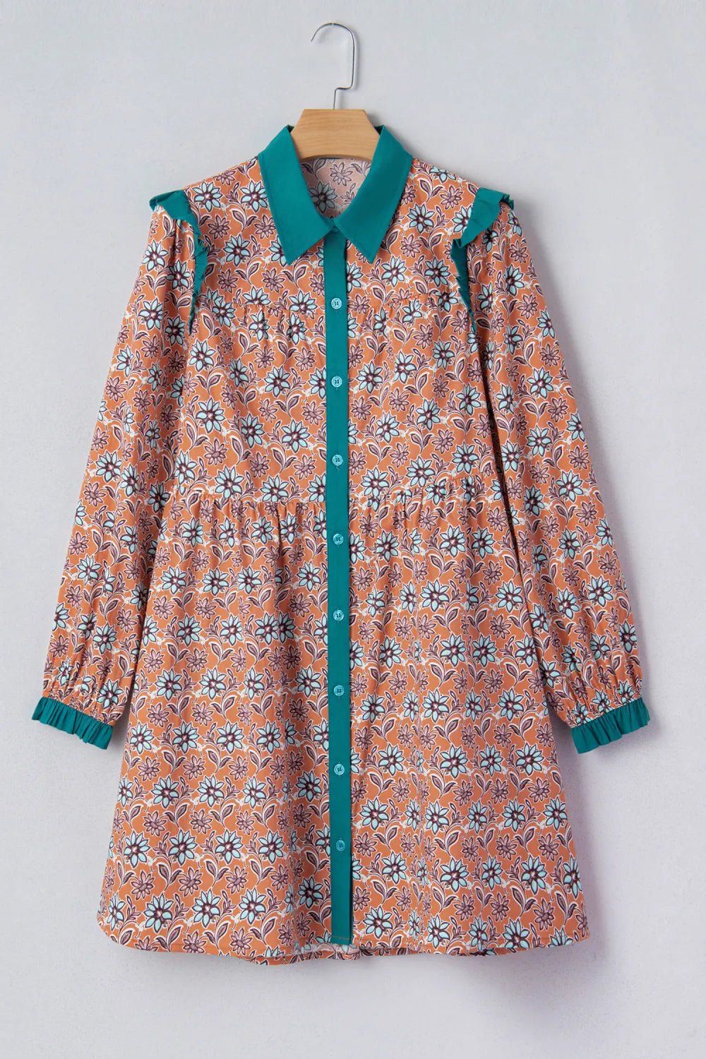 Floral Boho Contrast Collar Mini Shirt Dress - Rooted & Reckless Co.