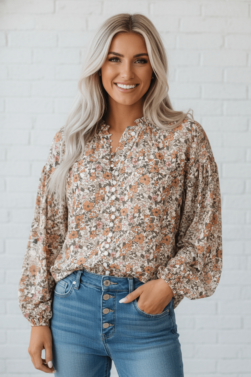 Floral Boho Long Puff Sleeve Buttoned Shirt - Rooted & Reckless Co.