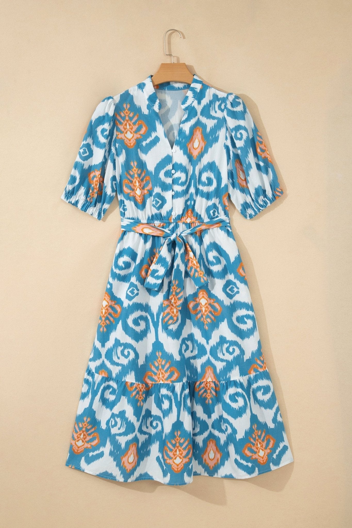 Floral Boho Puff Sleeve Ruffle Hem Midi Dress - Rooted & Reckless Co.