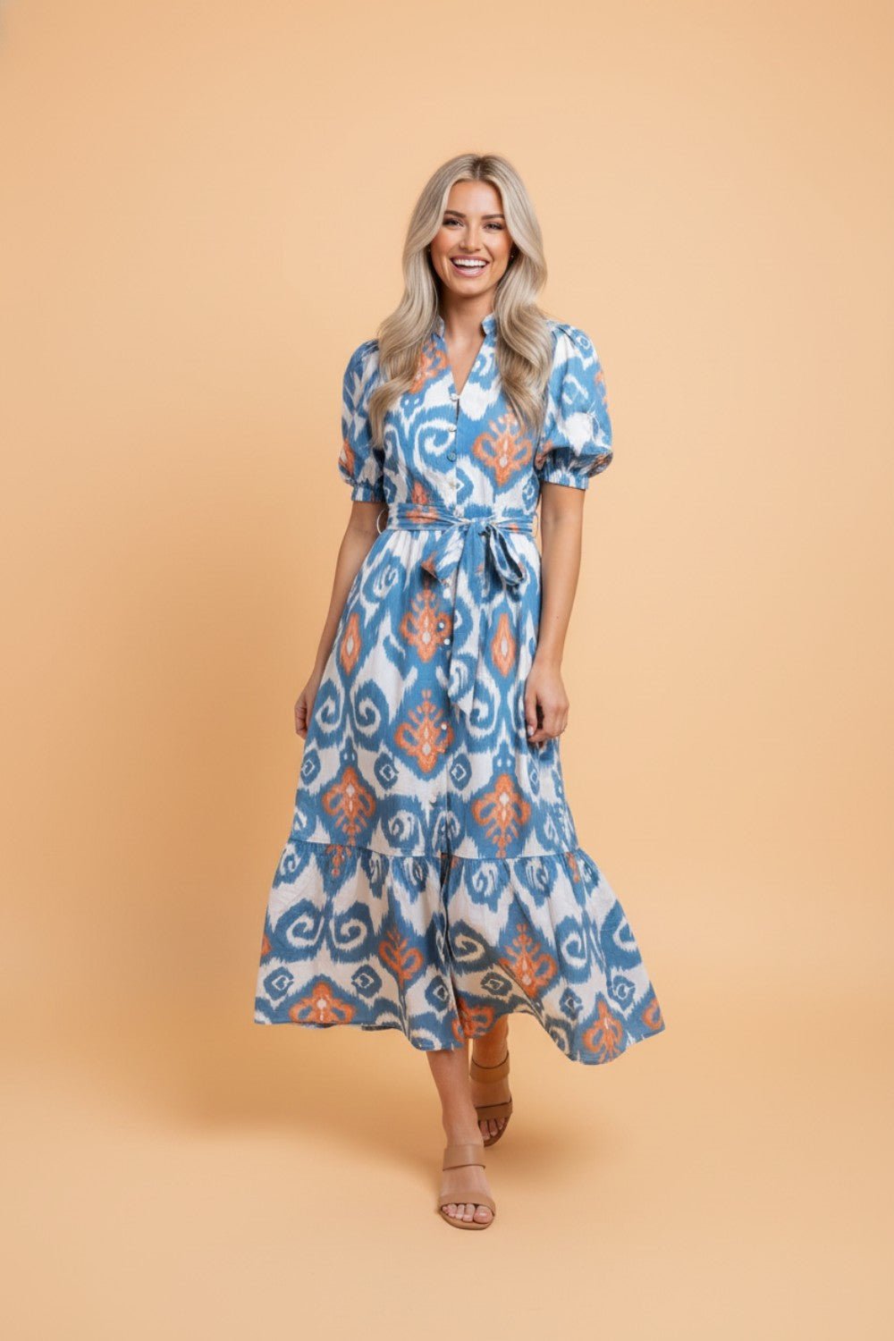 Floral Boho Puff Sleeve Ruffle Hem Midi Dress - Rooted & Reckless Co.