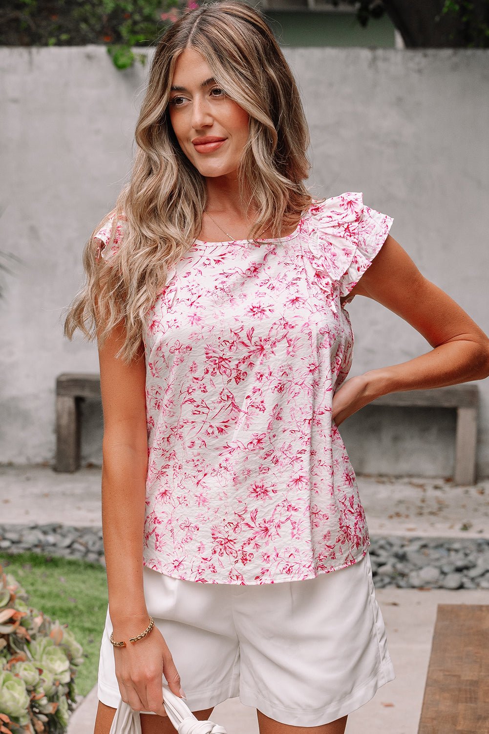 Floral Bow-Back Square Neck Ruffle Sleeve Blouse - Rooted & Reckless Co.