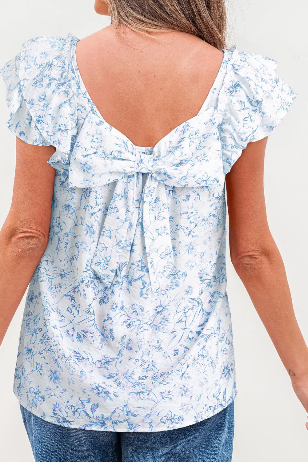 Floral Bow-Back Square Neck Ruffle Sleeve Blouse - Rooted & Reckless Co.