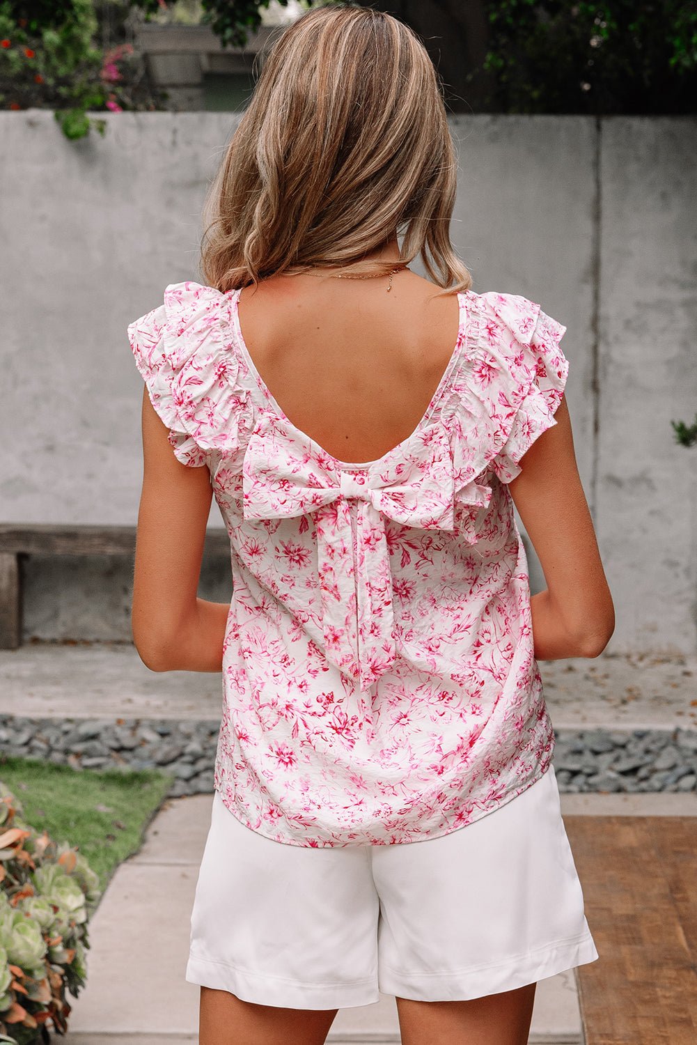 Floral Bow-Back Square Neck Ruffle Sleeve Blouse - Rooted & Reckless Co.