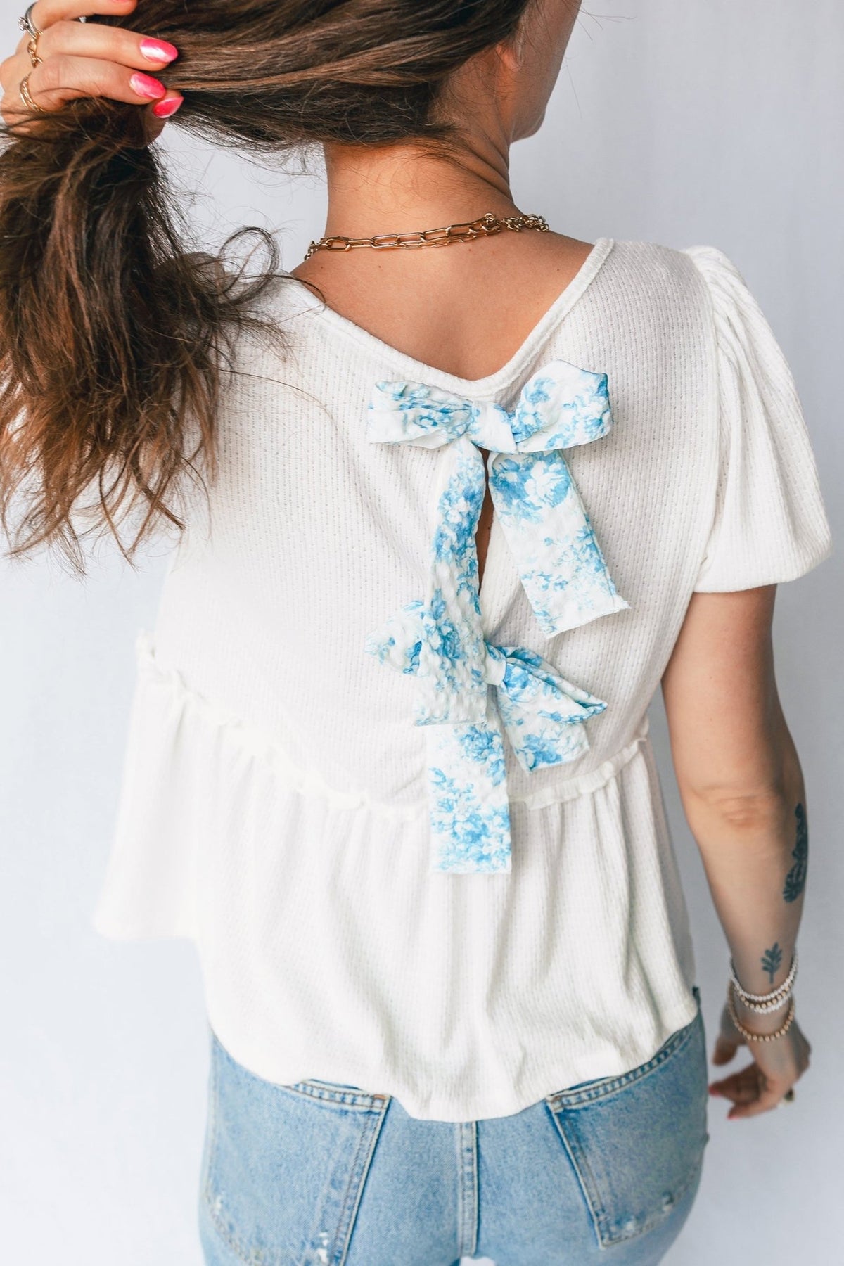 Floral Bow Tie Back Bubble Sleeve Peplum Top - Rooted & Reckless Co.