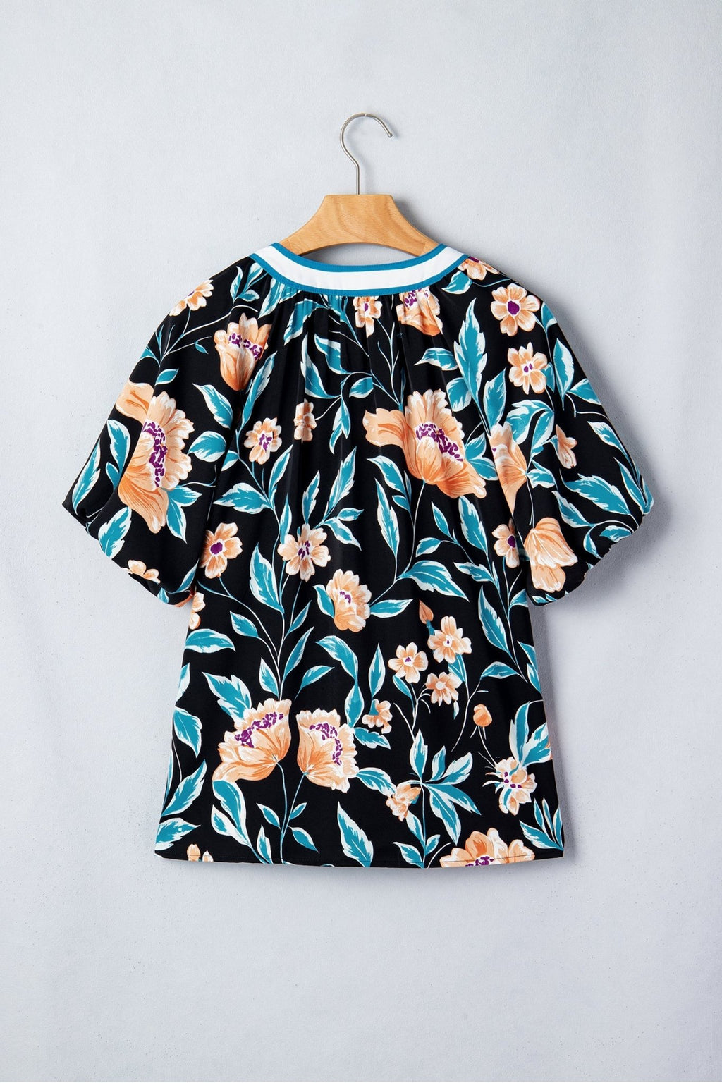 Floral Bubble Sleeve Buttoned Notch Neck Blouse - Rooted & Reckless Co.