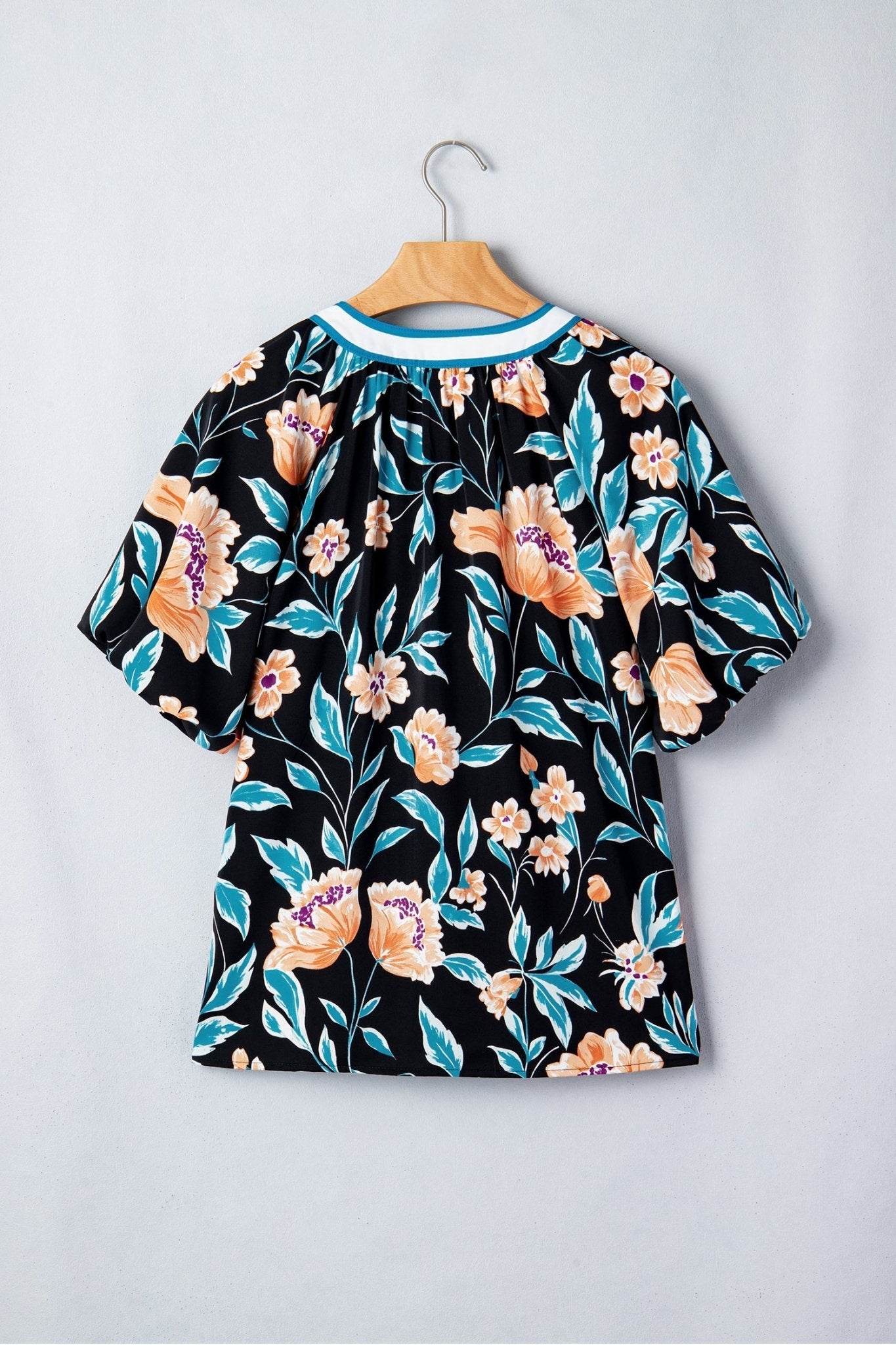 Floral Bubble Sleeve Buttoned Notch Neck Blouse - Rooted & Reckless Co.