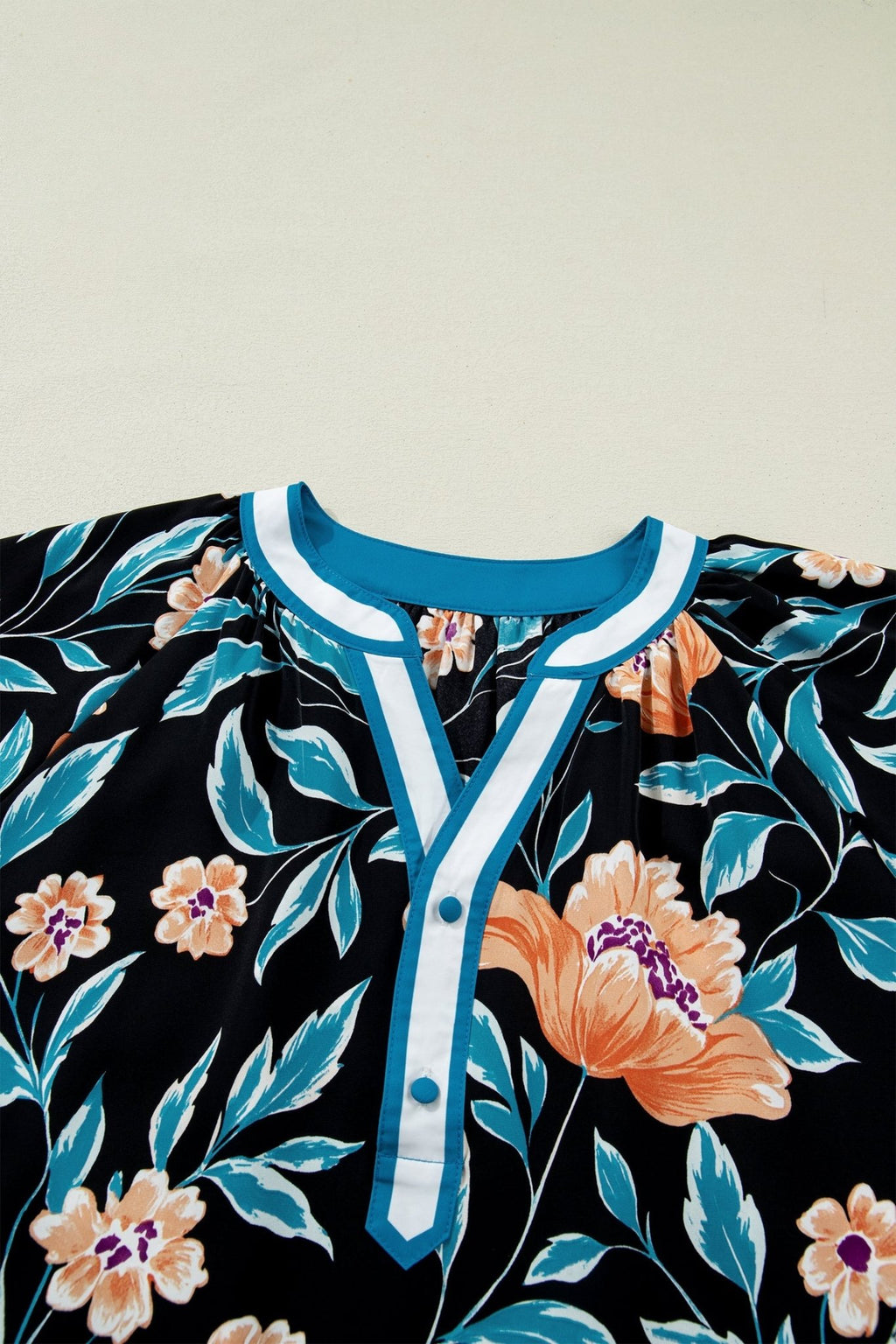 Floral Bubble Sleeve Buttoned Notch Neck Blouse - Rooted & Reckless Co.