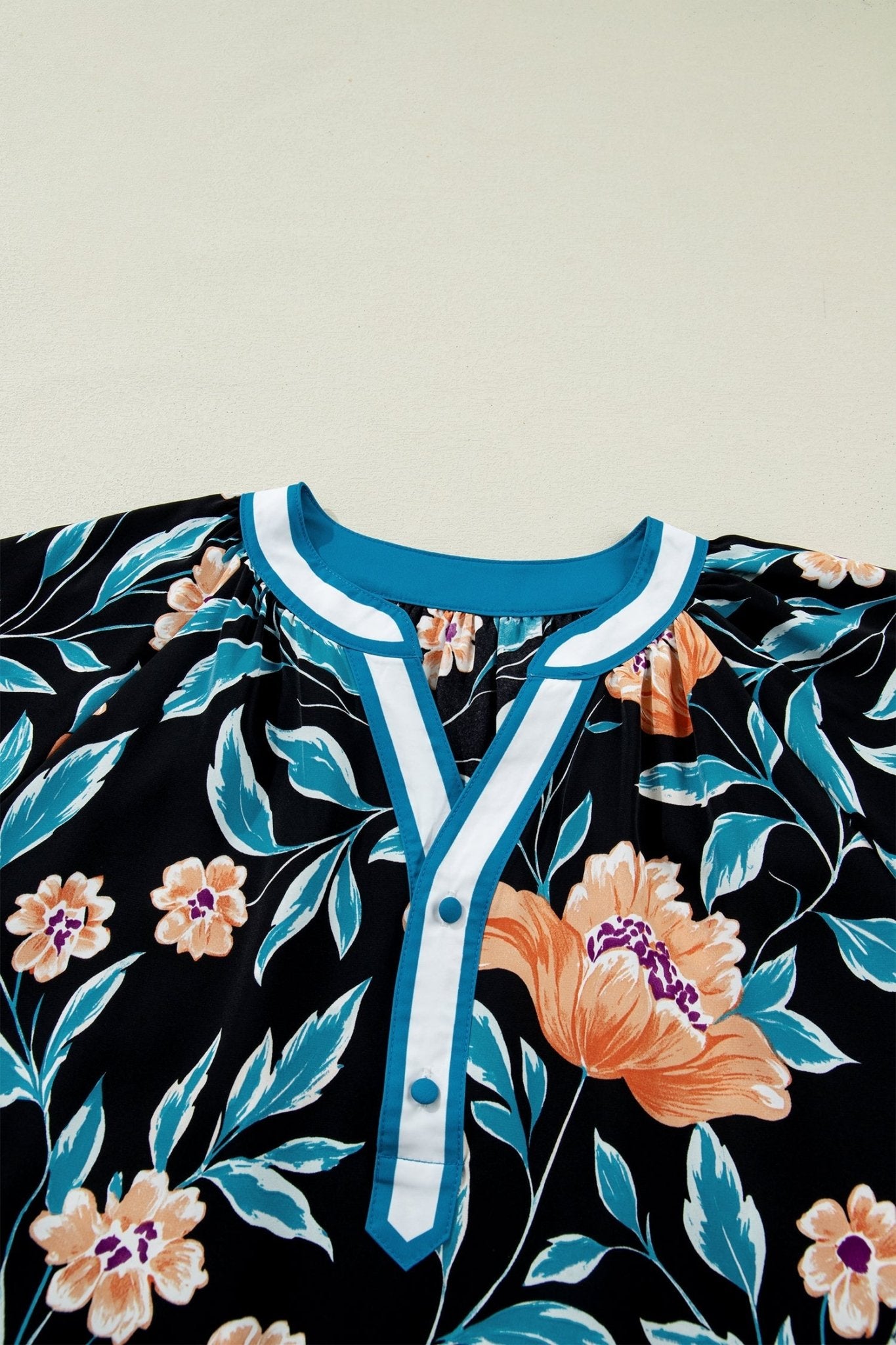Floral Bubble Sleeve Buttoned Notch Neck Blouse - Rooted & Reckless Co.