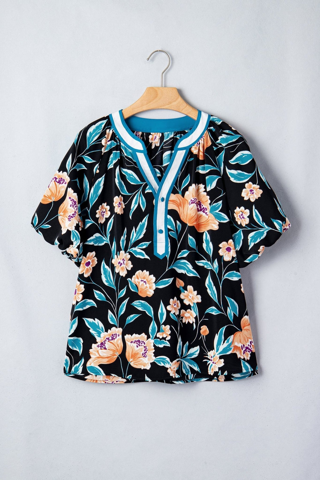 Floral Bubble Sleeve Buttoned Notch Neck Blouse - Rooted & Reckless Co.