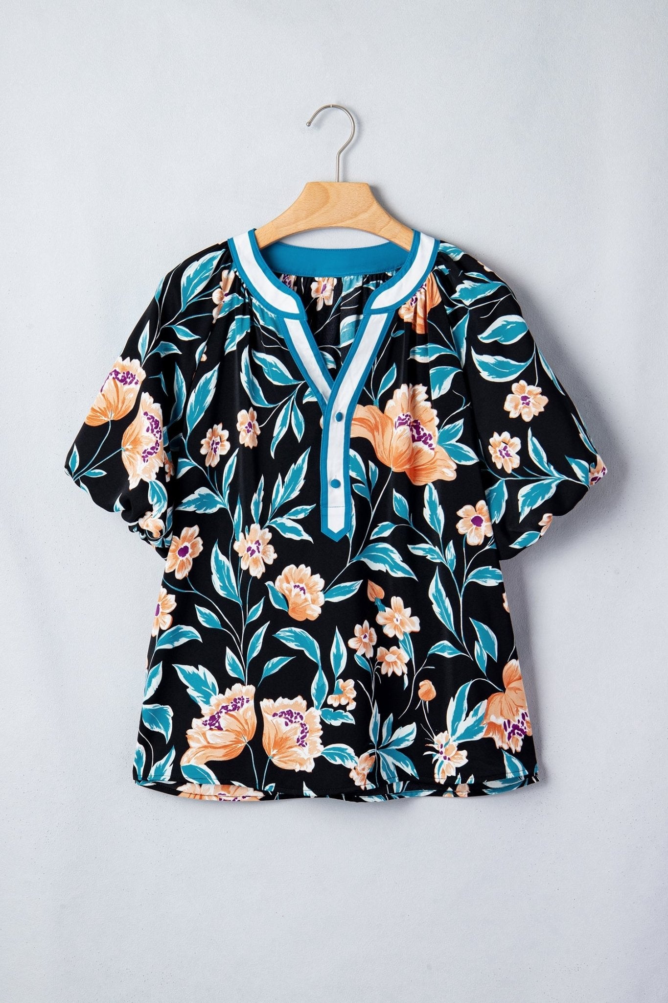Floral Bubble Sleeve Buttoned Notch Neck Blouse - Rooted & Reckless Co.
