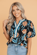 Floral Bubble Sleeve Buttoned Notch Neck Blouse - Rooted & Reckless Co.