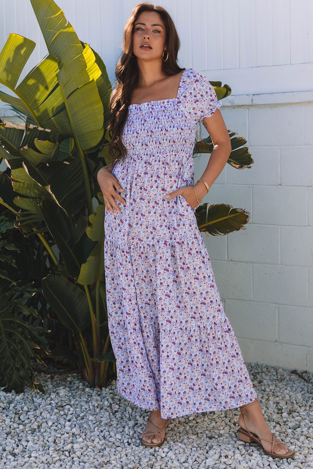 Floral Bubble Sleeve Shirred High Waist Maxi Dress - Rooted & Reckless Co.